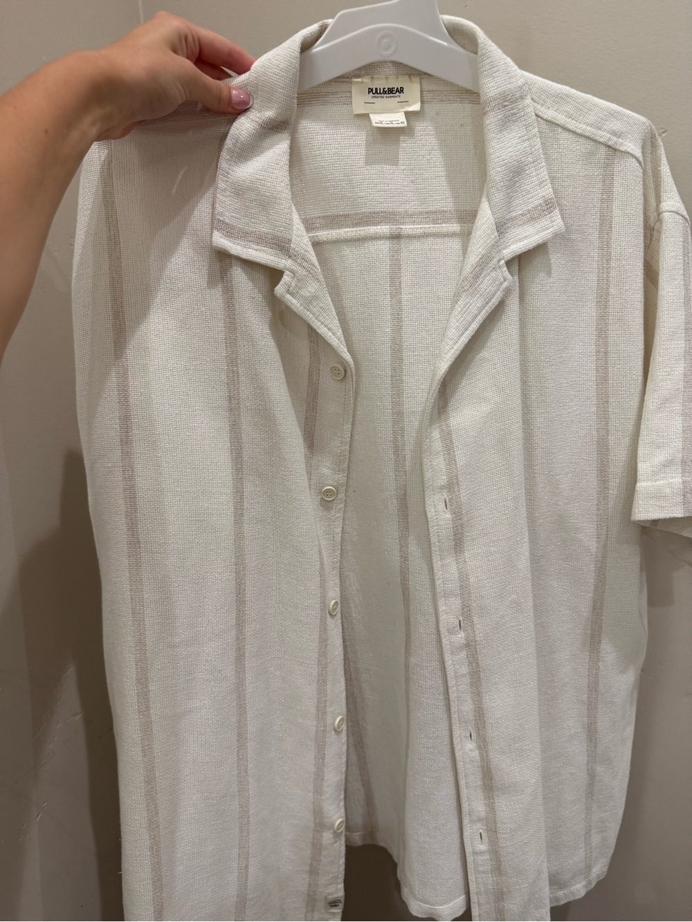 Pull&Bear Cream and Light Tan Striped Short-Sleeve Button-Up Shirt